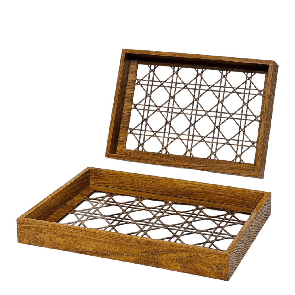 2-Piece Rectangular Wood and Glass Tray Set