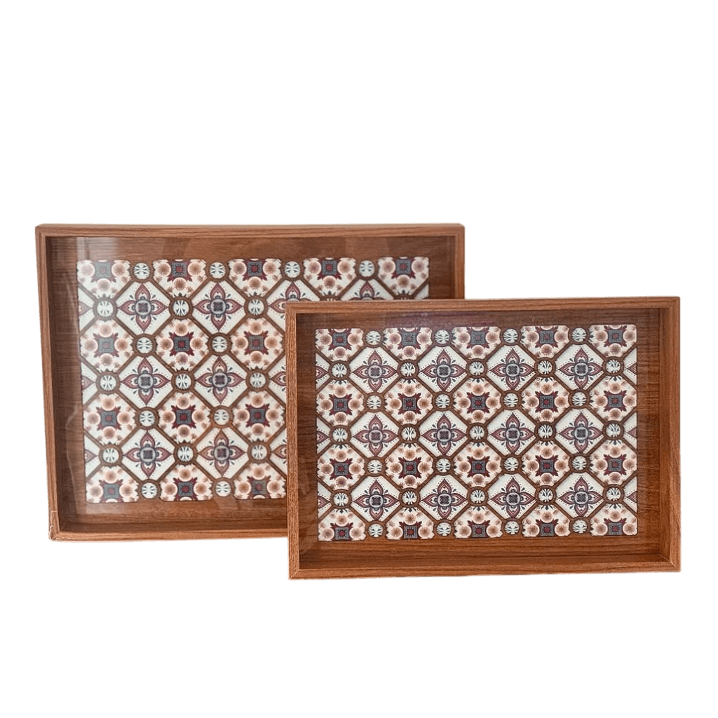 2-Piece Rectangular Wood and Glass Tray Set