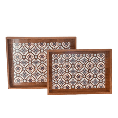 2-Piece Rectangular Wood and Glass Tray Set