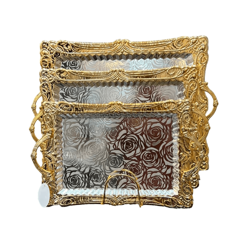 Elegant 3-Tier Golden Floral Glass Serving Tray