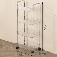 4-Tier Rolling Storage Cart, Multifunctional Transparent Storage Organizer Cart, Movable Shelf Slide Out Narrow Cart with Lockable Wheels for Kitchen, Laundry Room, Bathroom, Transparent