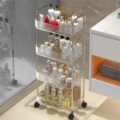 4-Tier Rolling Storage Cart, Multifunctional Transparent Storage Organizer Cart, Movable Shelf Slide Out Narrow Cart with Lockable Wheels for Kitchen, Laundry Room, Bathroom, Transparent